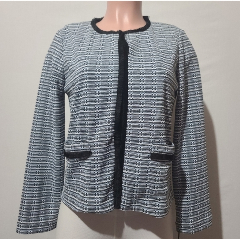 Ivana Trump Tweed Jacket Blazer Size 6 Black White Open Front Pockets Career Chi